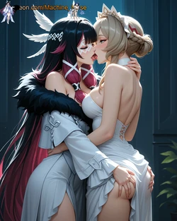 Columbina + Sandrone  and  Miyamoto Musashi  + Minamoto no Raikou (Yuri) [AI Generated]