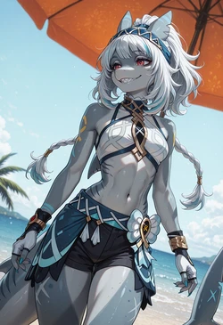 Akylani (Furry shark Mualani  on the beach)