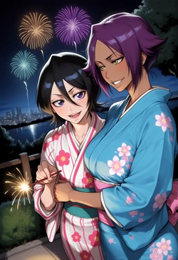 Revi AI ART - Farewell to summer Shihouin Yoruichi x Kuchiki Rukia (Bleach) (Patreon) (AI Generated)