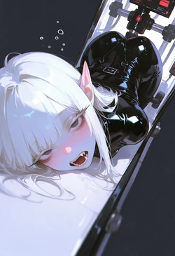 Latex Bodysuit's Bent-Over Stretch - Her Fanged, Sleepy-Eyed Gaze | molny [AI Generated]